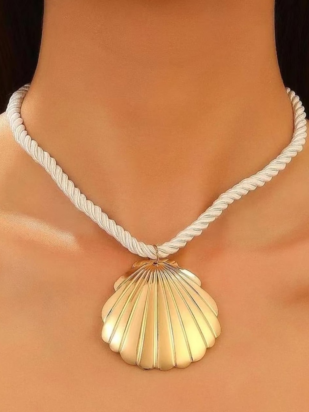 Anthropologie Gold Shell Pendant on White Twisted Rope Necklace